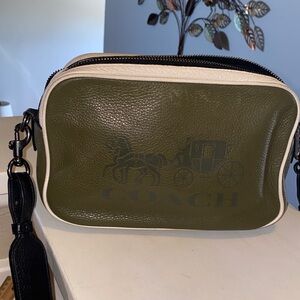 Coach Olive Green Leather Crossbody with Cream Trim and Black Strap